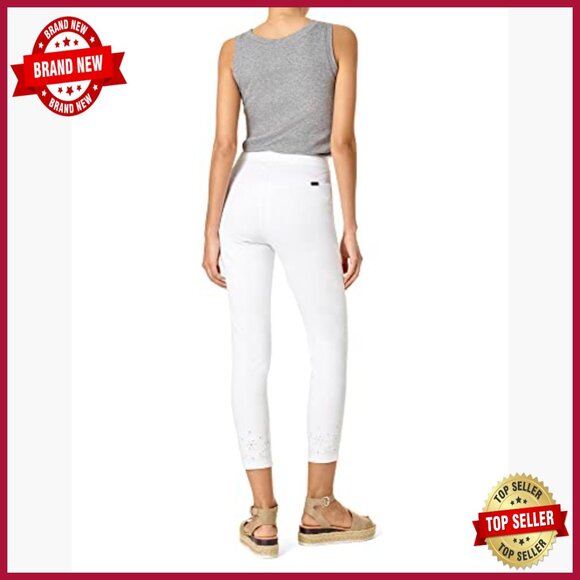 Embroidered Eyelet Hem Denim Skimmer Leggings, Pull-On Waistband, Stretch - Picture 2 of 4